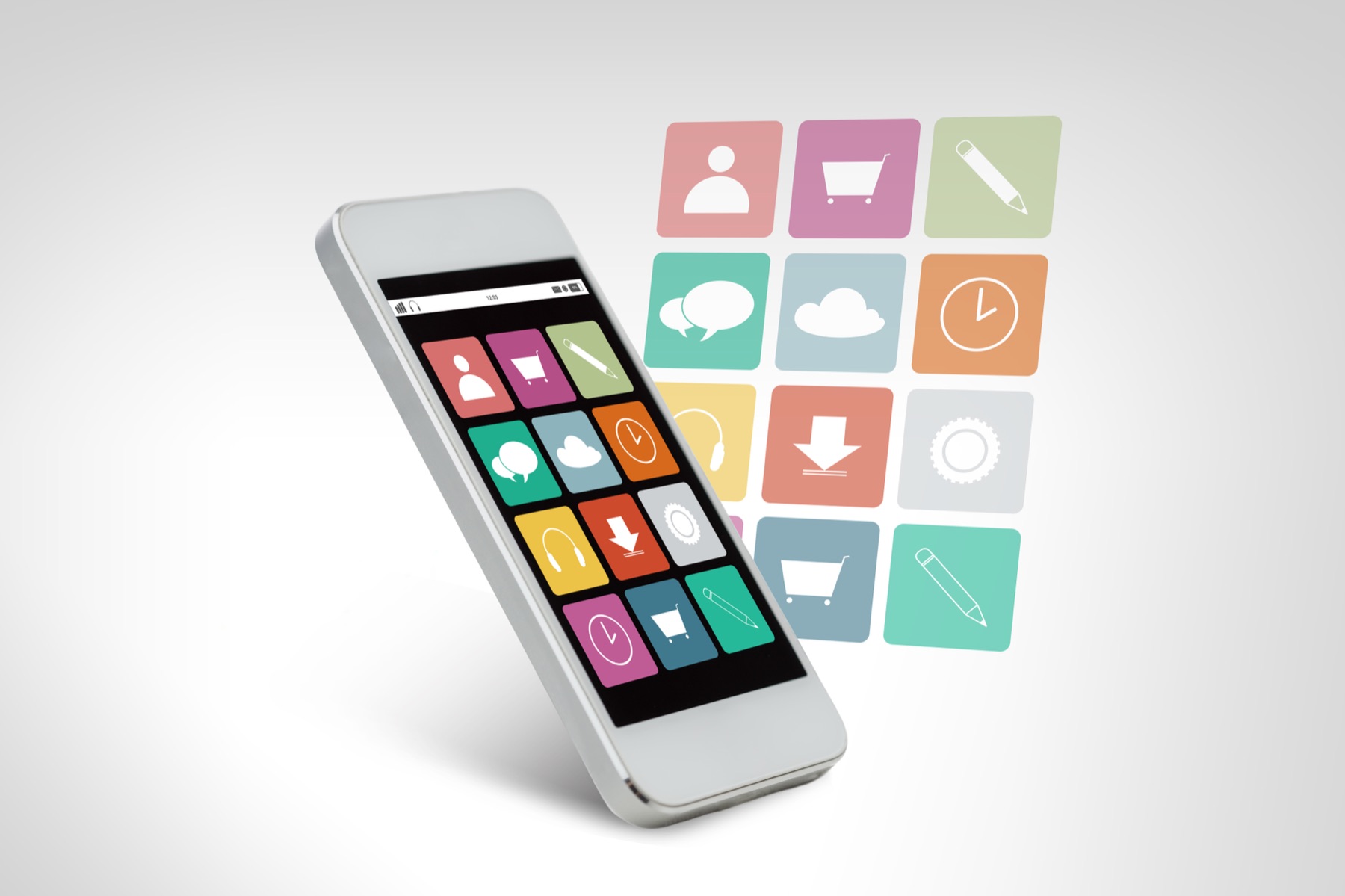 A modern smartphone with a grid of app icons on a black screen