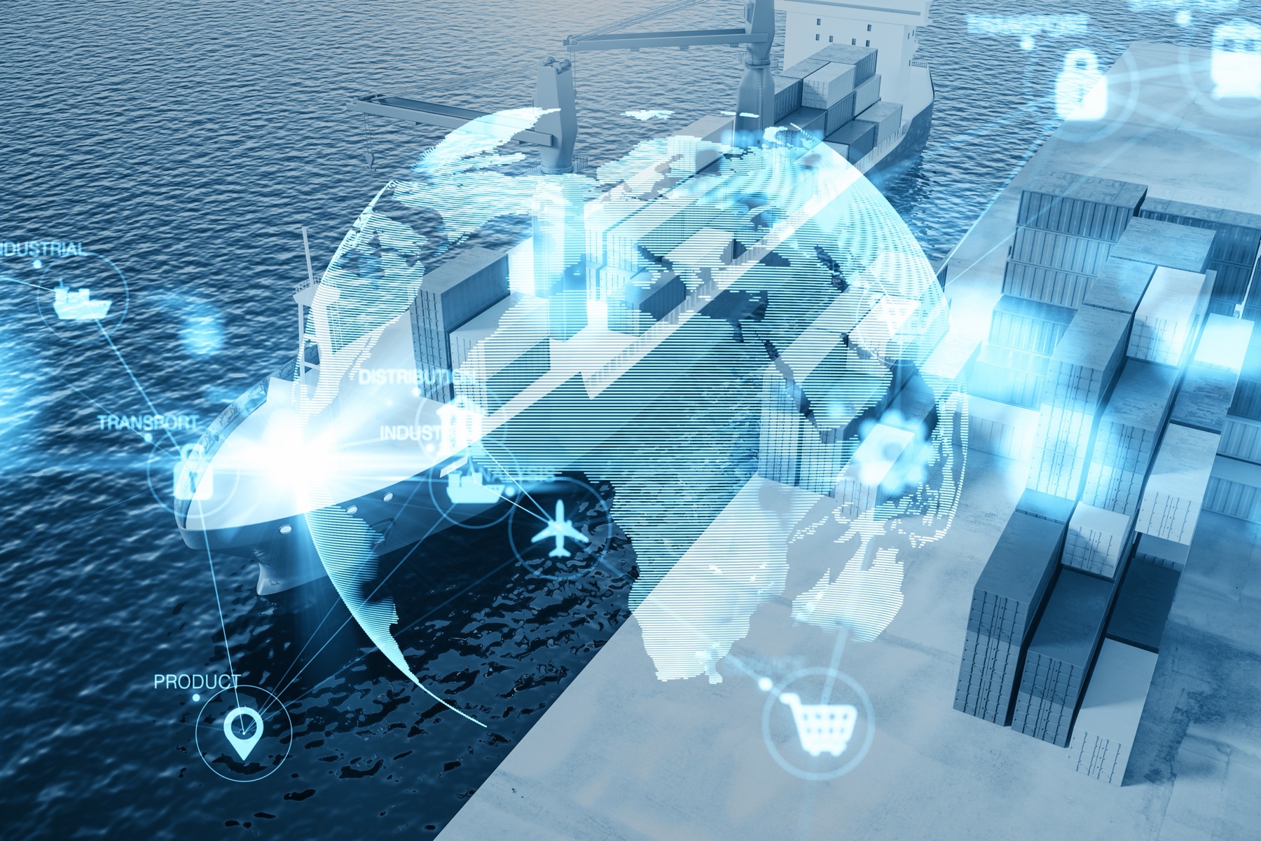 Shipping containers and a world map suggesting cross-border movement of proprietary data