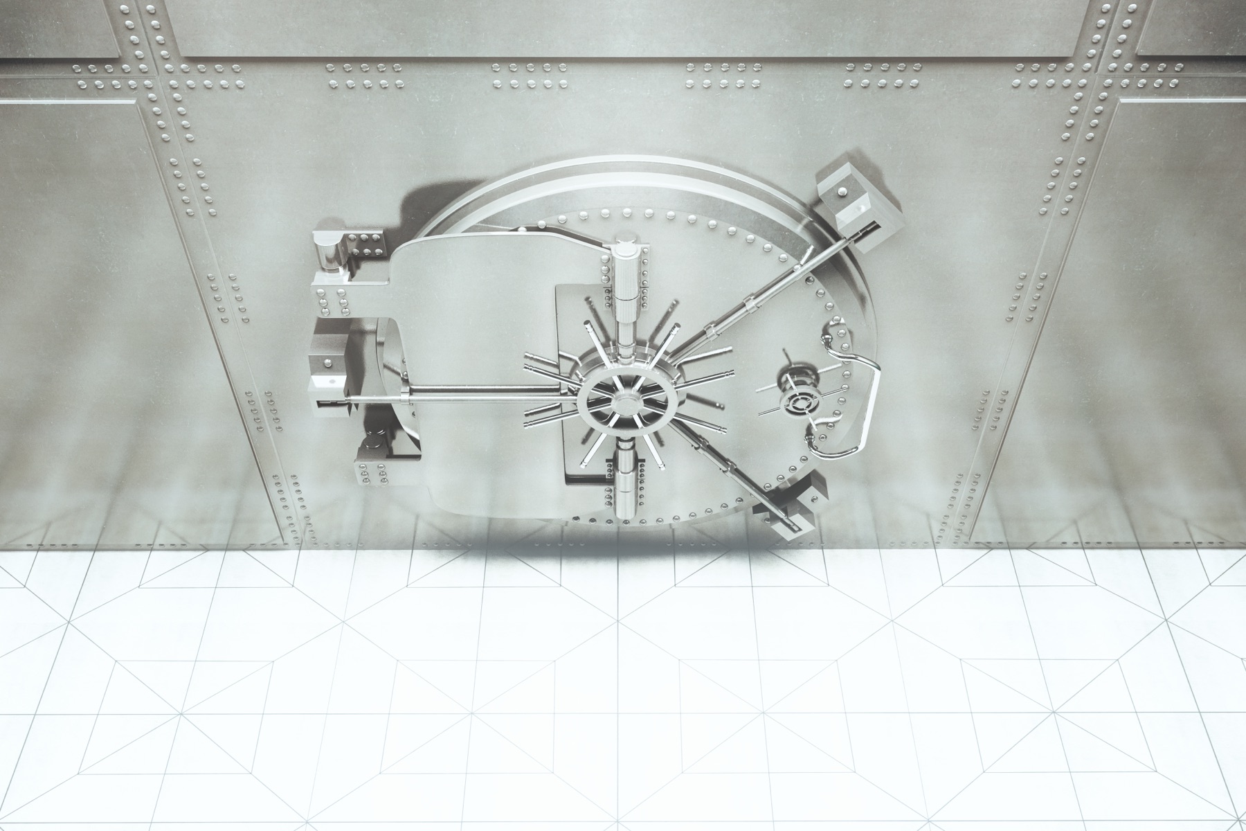 A locked vault door beside a stamped patent certificate