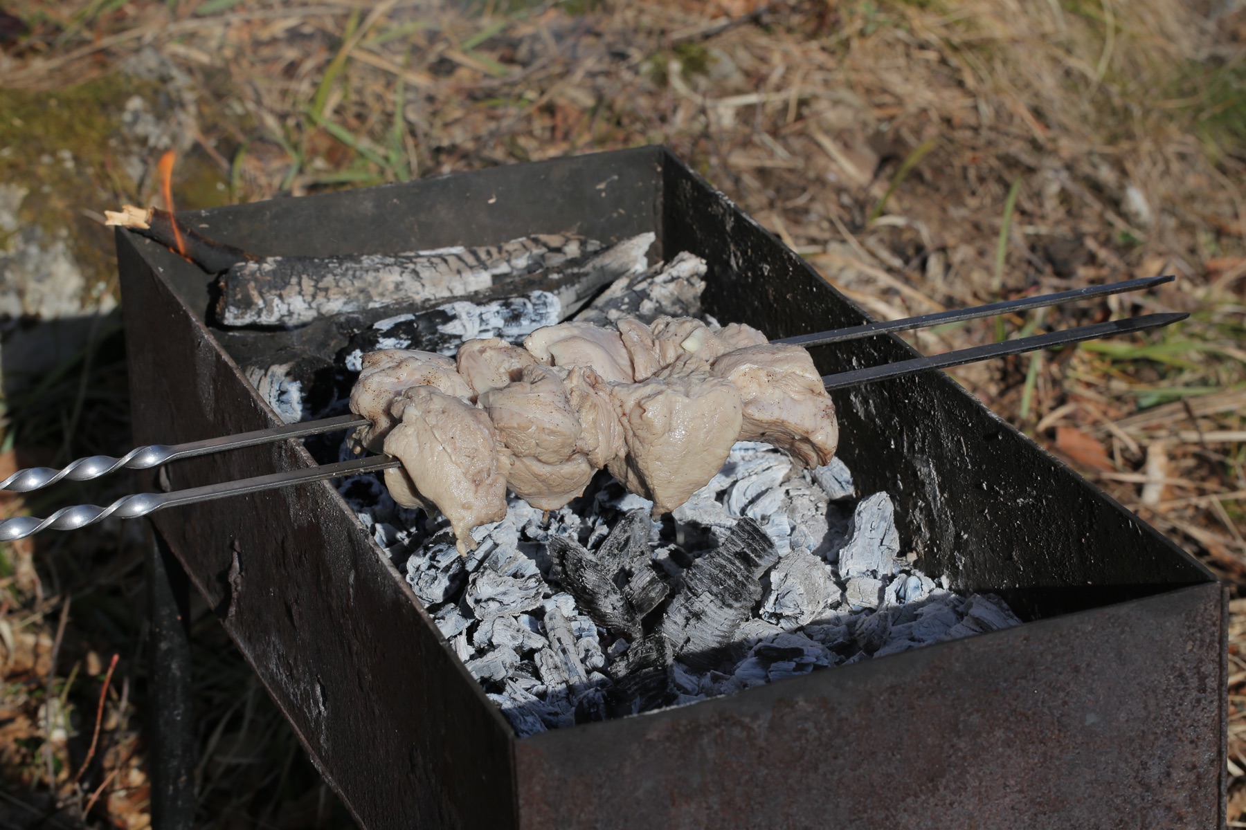 Skewers of grilled meat over open flame at a churrasco grill
